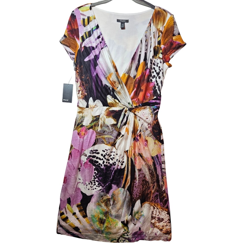 Muse Size 10 Iris Print Knot Front V Neck Sheath Dress Multicolor #344